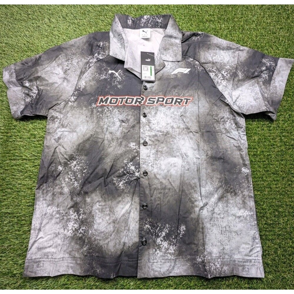 PUMA F1 Motorsport Men's L Short Sleeve Button-Up Shirt Black Gray White 635270